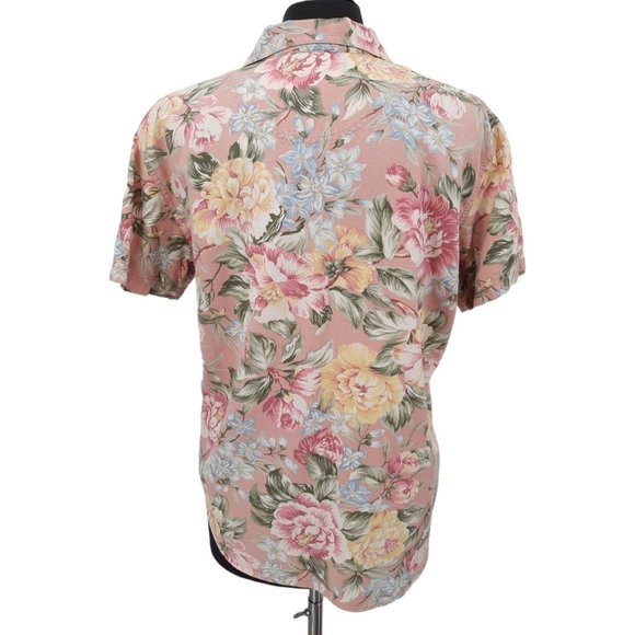 VTG 90s Lizwear Pink Floral Pearl Snap Shirt Size M Short Sleeves Cotton Yellow - Picture 8 of 8